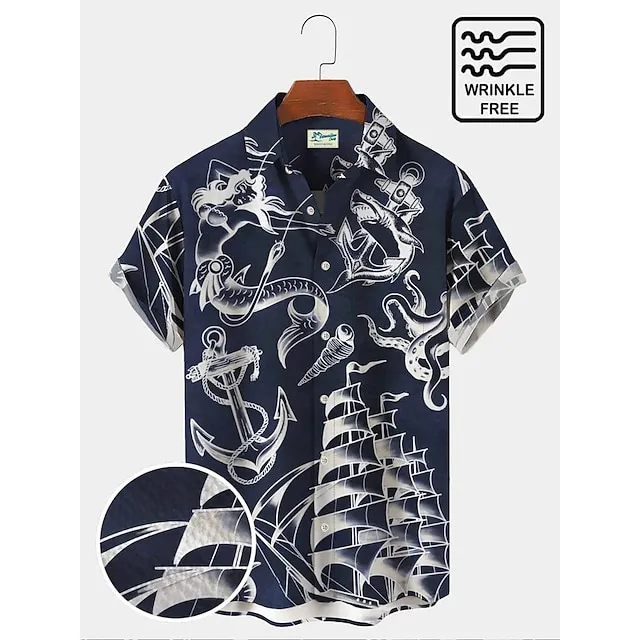 Men’s Shirt Mermaid Shark Graphic Prints Anchor Turndown White Blue Sky Blue Green Khaki Outdoor Street Short Sleeves Button-Down Print Clothing Apparel Fashion Designer Retro Vintage 43d517dd489d04e063b2f91e6c2953d5