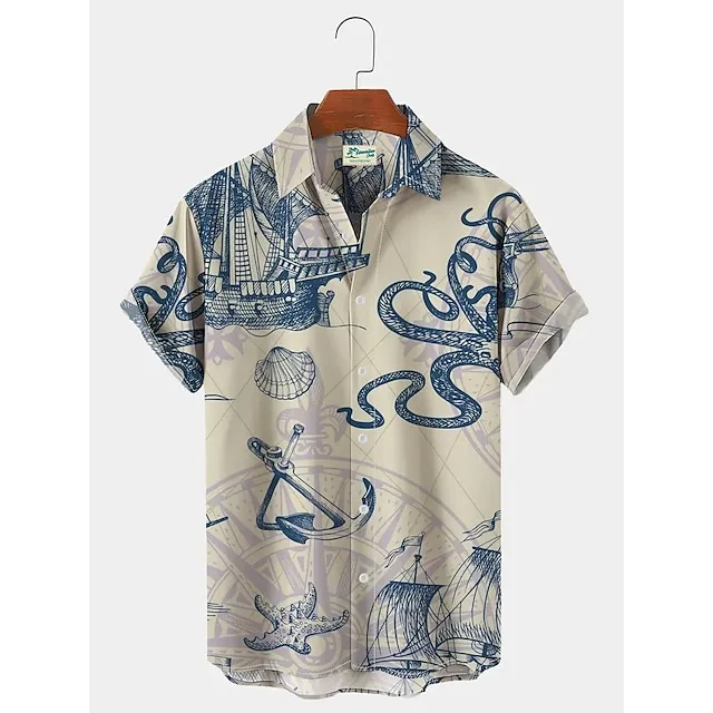 Men’s Shirt Mermaid Shark Graphic Prints Anchor Turndown White Blue Sky Blue Green Khaki Outdoor Street Short Sleeves Button-Down Print Clothing Apparel Fashion Designer Retro Vintage 4578d20f4978868ebede87f186e13b60