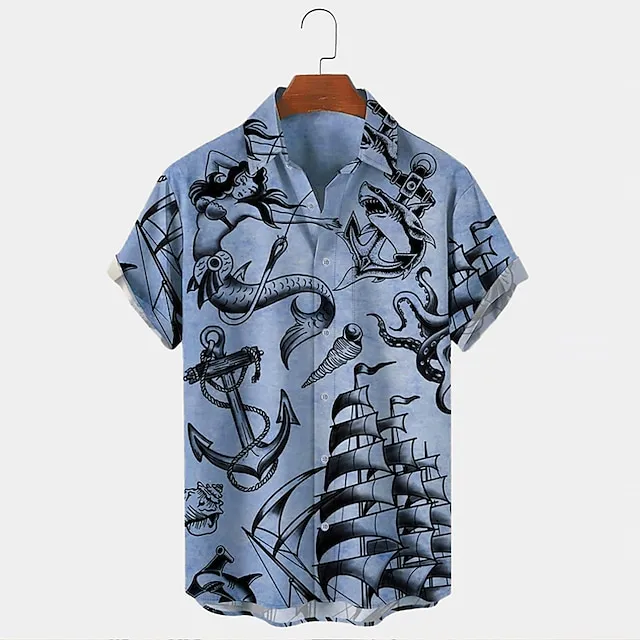 Men’s Shirt Mermaid Shark Graphic Prints Anchor Turndown White Blue Sky Blue Green Khaki Outdoor Street Short Sleeves Button-Down Print Clothing Apparel Fashion Designer Retro Vintage 5199904111e5bb74b486150ffce99da9