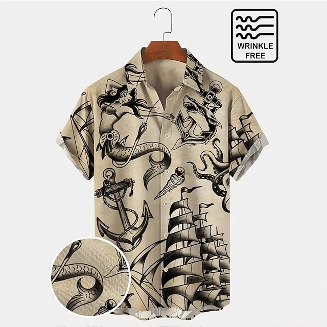 Men's Shirt Mermaid Shark Graphic Prints Anchor Turndown White Blue Sky Blue Green Khaki Outdoor Street Short Sleeves Button-Down Print Clothing Apparel Fashion Designer Retro Vintage