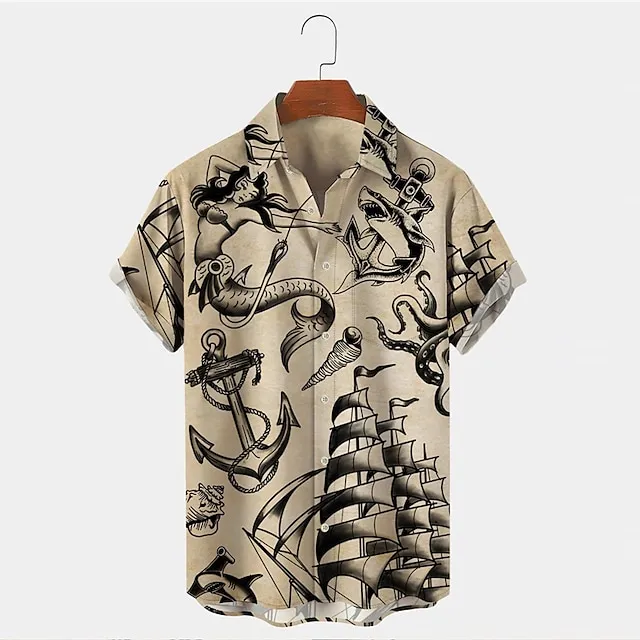 Men’s Shirt Mermaid Shark Graphic Prints Anchor Turndown White Blue Sky Blue Green Khaki Outdoor Street Short Sleeves Button-Down Print Clothing Apparel Fashion Designer Retro Vintage 90c5ae87e7acbd8f251d6ab8bb579841
