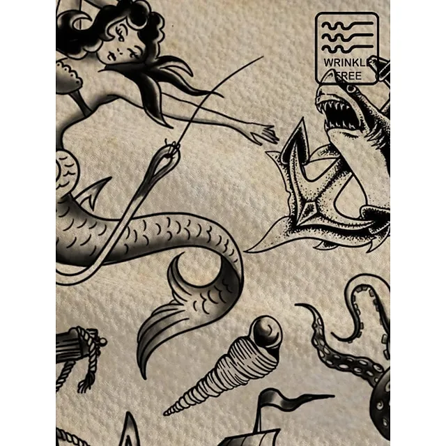 Men’s Shirt Mermaid Shark Graphic Prints Anchor Turndown White Blue Sky Blue Green Khaki Outdoor Street Short Sleeves Button-Down Print Clothing Apparel Fashion Designer Retro Vintage 926fafc5a2358f7a06e6a94b4be7f714