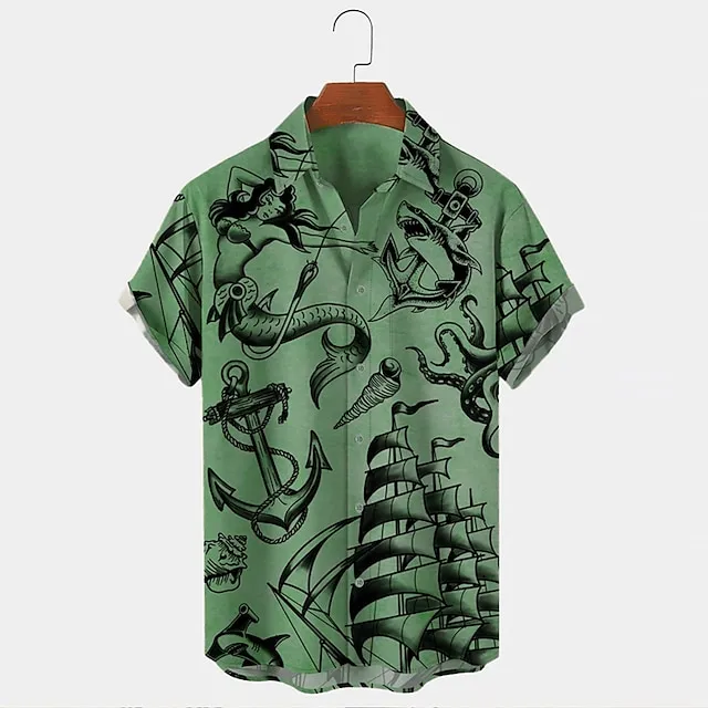 Men’s Shirt Mermaid Shark Graphic Prints Anchor Turndown White Blue Sky Blue Green Khaki Outdoor Street Short Sleeves Button-Down Print Clothing Apparel Fashion Designer Retro Vintage bbdbd68f4c63cb2d2171e2e7128897ef