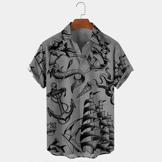 Men’s Shirt Mermaid Shark Graphic Prints Anchor Turndown White Blue Sky Blue Green Khaki Outdoor Street Short Sleeves Button-Down Print Clothing Apparel Fashion Designer Retro Vintage d0123a159296146401510632531240c9