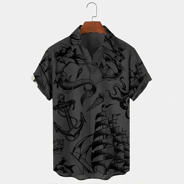 Men’s Shirt Mermaid Shark Graphic Prints Anchor Turndown White Blue Sky Blue Green Khaki Outdoor Street Short Sleeves Button-Down Print Clothing Apparel Fashion Designer Retro Vintage db34045c596d914c98e8fed1d11ad96f