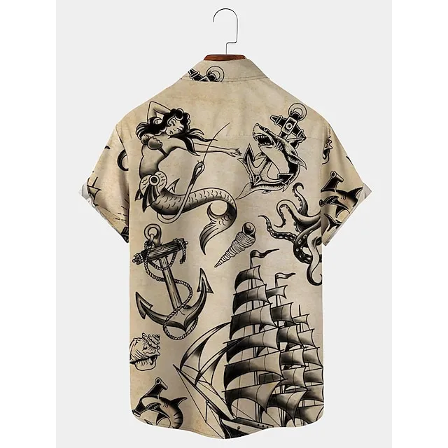 Men’s Shirt Mermaid Shark Graphic Prints Anchor Turndown White Blue Sky Blue Green Khaki Outdoor Street Short Sleeves Button-Down Print Clothing Apparel Fashion Designer Retro Vintage dd37e38b72261ce3769032dde86582b9