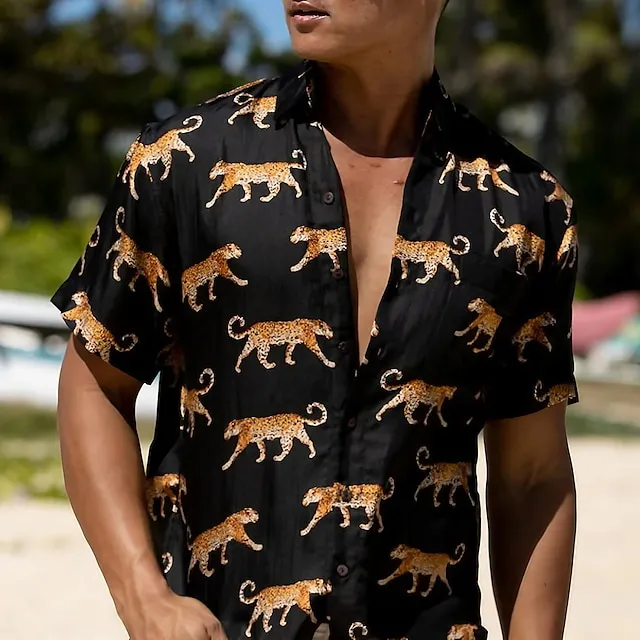 Men's Shirt Animal Leopard Graphic Prints Turndown Black Brown Green Khaki Blue+Blue Outdoor Street Short Sleeves Button-Down Print Clothing Apparel Tropical Fashion Hawaiian Designer