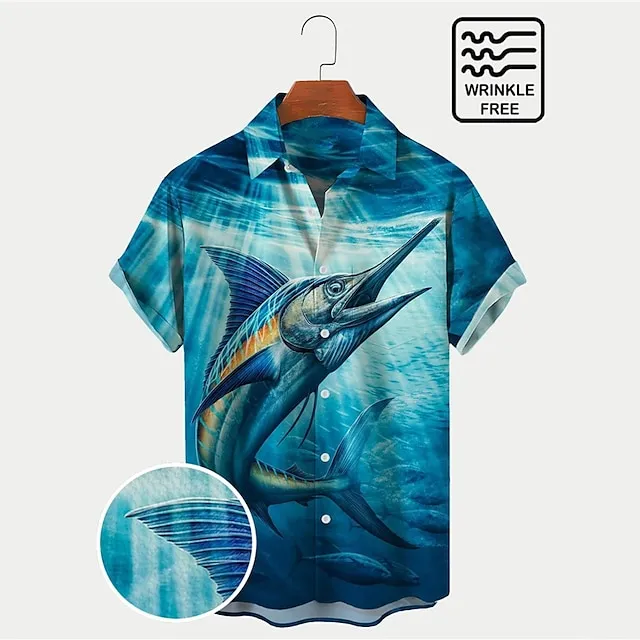 Hawaiian Marlin Fishing Shirt Mens Graphic shirtsummerhawaiianshirt Animal Shark Color Block Oceangraphicprintsturndownoutdoorstreetshortsleevesbutton Blue Cotton 98c1db41cfa0fb34b4b58518e04a6629