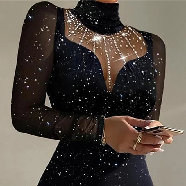 Women’s Little Black Dress Cocktail Dress Semi Formal Party Dress Bodycon Sheath Dress Midi Dress Long Sleeve Mesh Dress Winter Fall Spring Turtleneck Fashion 8cab8f1a72fa94d590468fbd6514f093