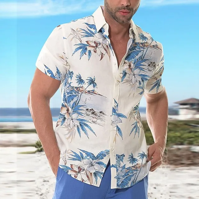Men's Summer Hawaiian Shirt Button Up Shirt Summer Shirt Casual Shirt Beach Shirt White Pink Green Short Sleeve Coconut Tree Graphic Prints Turndown Street Holiday Button Clothing Apparel Tropical