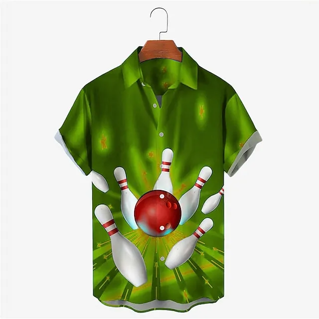 Men’s Shirt Graphic Prints Bowling Ball Turndown White + Green Black Yellow Red Blue Outdoor Street Short Sleeves Print Button-Down Clothing Apparel Designer Casual Soft Breathable 1edf256f2cd62f22e43986f902f033de