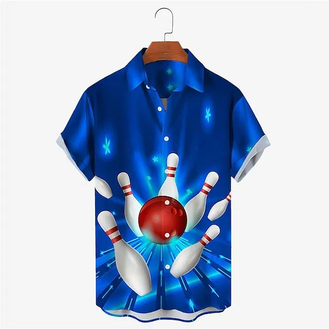 Men's Shirt Graphic Prints Bowling Ball Turndown White + Green Black Yellow Red Blue Outdoor Street Short Sleeves Print Button-Down Clothing Apparel Designer Casual Soft Breathable