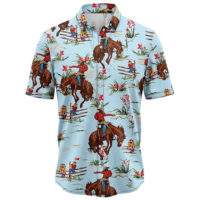 Men's Shirt Summer Hawaiian Shirt Cowboy Shirt Graphic Prints Cowboy Turndown Blue Street Casual Short Sleeves Print Button-Down Clothing Apparel Vintage Tropical Fashion Hawaiian