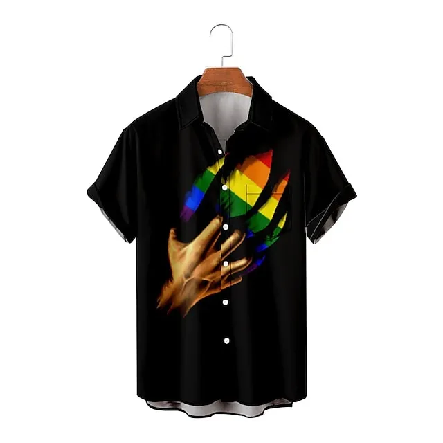 Men’s Shirt Summer Hawaiian Shirt Rainbow Graphic Prints Turndown Black / Red Black Red Rainbow Street Casual Short Sleeves Button-Down Print Clothing Apparel Tropical Fashion Hawaiian Designer a56cc15b79c021d082887ed0d3ae55e1