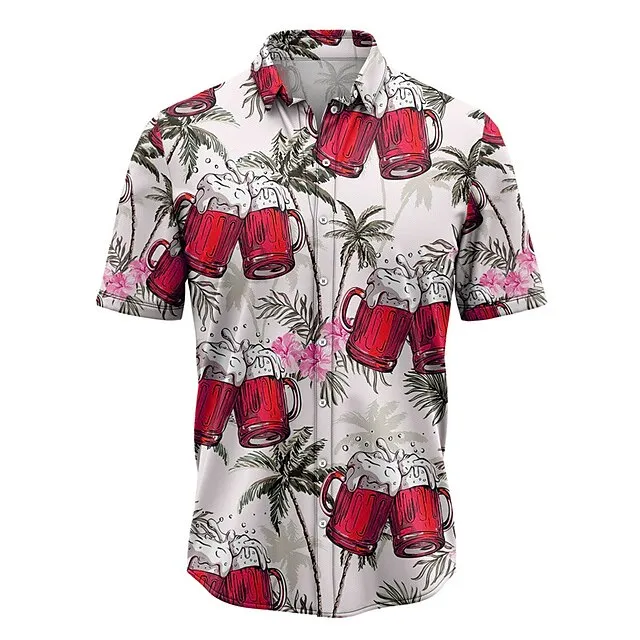 Men’s Shirt Summer Hawaiian Shirt Graphic Prints Beer Leaves Turndown Yellow Pink Army Green Navy Blue Blue Street Casual Short Sleeves Print Button-Down Clothing Apparel Tropical Fashion Hawaiian 10bbcbbff3001f1e1f78cf7b022af101