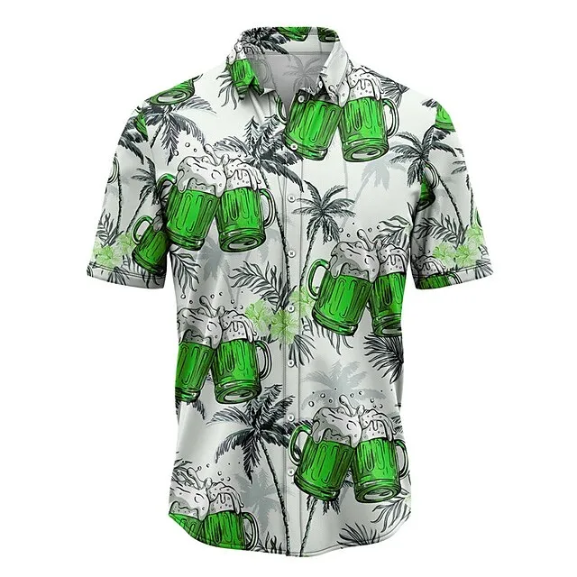 Men’s Shirt Summer Hawaiian Shirt Graphic Prints Beer Leaves Turndown Yellow Pink Army Green Navy Blue Blue Street Casual Short Sleeves Print Button-Down Clothing Apparel Tropical Fashion Hawaiian 84b3235fa5c85d5d2271f4b96e9d8269