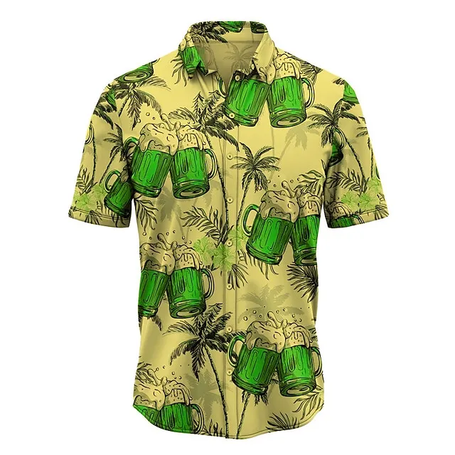 Men’s Shirt Summer Hawaiian Shirt Graphic Prints Beer Leaves Turndown Yellow Pink Army Green Navy Blue Blue Street Casual Short Sleeves Print Button-Down Clothing Apparel Tropical Fashion Hawaiian 882866fde75f952a62a80035d43365bb