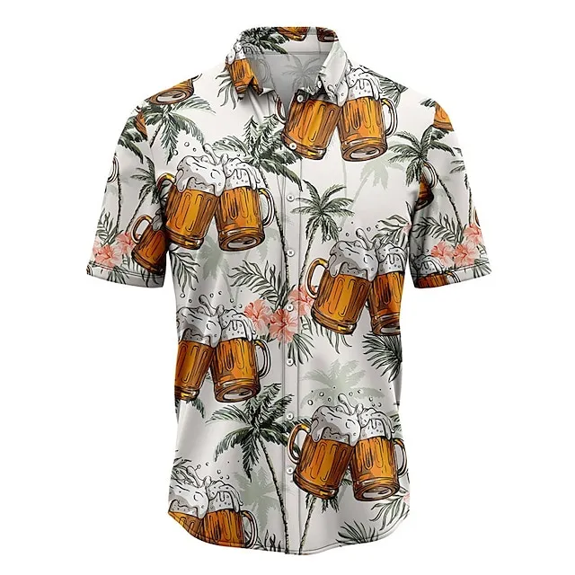 Men's Shirt Summer Hawaiian Shirt Graphic Prints Beer Leaves Turndown Yellow Pink Army Green Navy Blue Blue Street Casual Short Sleeves Print Button-Down Clothing Apparel Tropical Fashion Hawaiian