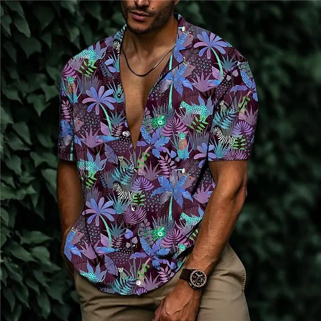 Men’s Shirt Summer Hawaiian Shirt Graphic Prints Leaves Turndown Purple Green Casual Holiday Short Sleeve Button-Down Print Clothing Apparel Tropical Fashion Hawaiian Soft ab1bd0a661be39eacc9f61c012e76fff