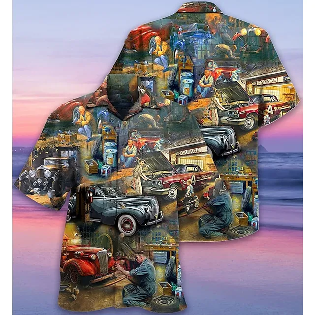 Men’s Shirt Summer Hawaiian Shirt Car Graphic Prints Vintage Turndown White Yellow Light Green Black / Brown Army Green Casual Hawaiian Short Sleeve Print Button-Down Clothing Apparel Tropical 1ac04e9ae2645a79a7e8c417c2e460db