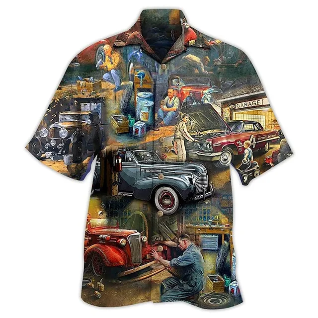 Men’s Shirt Summer Hawaiian Shirt Car Graphic Prints Vintage Turndown White Yellow Light Green Black / Brown Army Green Casual Hawaiian Short Sleeve Print Button-Down Clothing Apparel Tropical 690e2eb8ab4aa145793365e1ff3feec3
