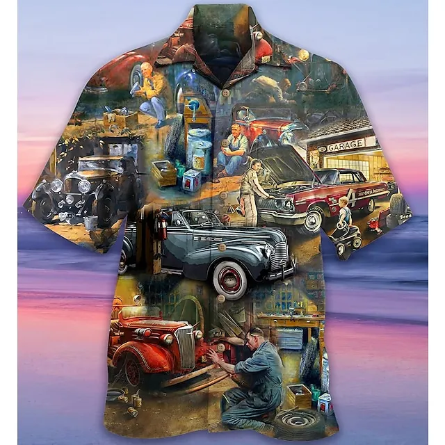 Men's Shirt Summer Hawaiian Shirt Car Graphic Prints Vintage Turndown White Yellow Light Green Black / Brown Army Green Casual Hawaiian Short Sleeve Print Button-Down Clothing Apparel Tropical 7a733104b30e88c094b0c9bcfd49a83e