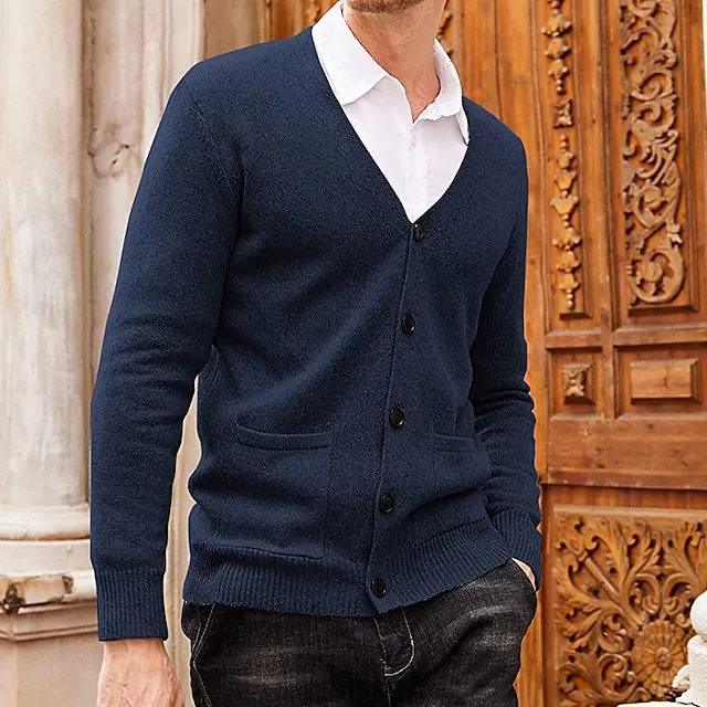 Men’s Sweater Cardigan Sweater Ribbed Knit Knitted Plain V Neck Fashion Casual Sports Daily Wear Clothing Apparel Spring & Fall Wine Red Black M L XL 0fb73b9162381a196239935aa886f620