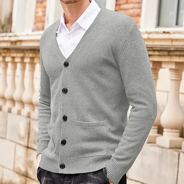 Men's Sweater Cardigan Sweater Ribbed Knit Knitted Plain V Neck Fashion Casual Sports Daily Wear Clothing Apparel Spring & Fall Wine Red Black M L XL