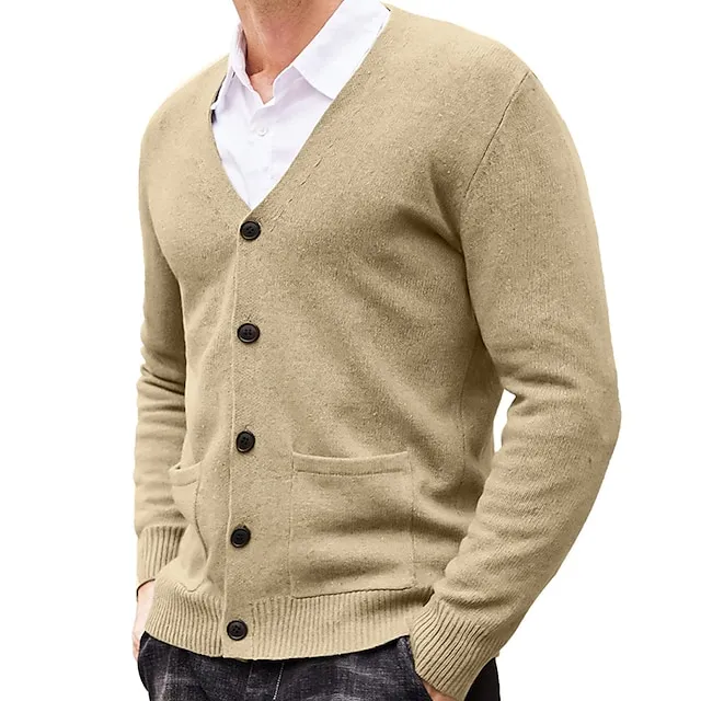 Men’s Sweater Cardigan Sweater Ribbed Knit Knitted Plain V Neck Fashion Casual Sports Daily Wear Clothing Apparel Spring & Fall Wine Red Black M L XL 26c5888601793393ce205ded3739fe50