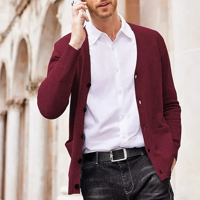 Men’s Sweater Cardigan Sweater Ribbed Knit Knitted Plain V Neck Fashion Casual Sports Daily Wear Clothing Apparel Spring & Fall Wine Red Black M L XL 2908a1373d94a3c957384ab0f6048c4b