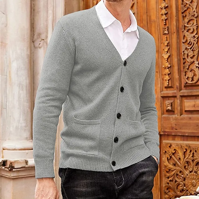 Men’s Sweater Cardigan Sweater Ribbed Knit Knitted Plain V Neck Fashion Casual Sports Daily Wear Clothing Apparel Spring & Fall Wine Red Black M L XL 2cf8c85ecb2dbd9cb02124bc9d2e5711