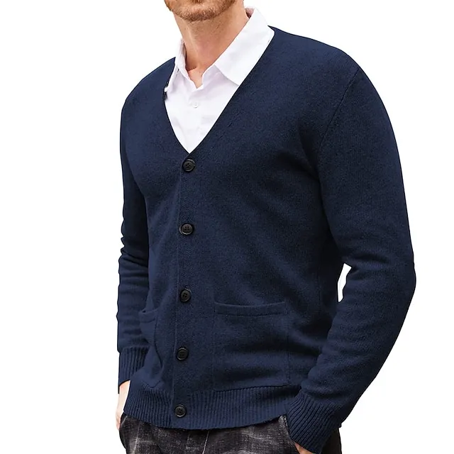Men’s Sweater Cardigan Sweater Ribbed Knit Knitted Plain V Neck Fashion Casual Sports Daily Wear Clothing Apparel Spring & Fall Wine Red Black M L XL 3eff819a471df333576443e17ab780dc