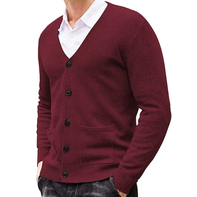 Men’s Sweater Cardigan Sweater Ribbed Knit Knitted Plain V Neck Fashion Casual Sports Daily Wear Clothing Apparel Spring & Fall Wine Red Black M L XL 414c4660ca35a6f6a8b1beccdd77dfbb