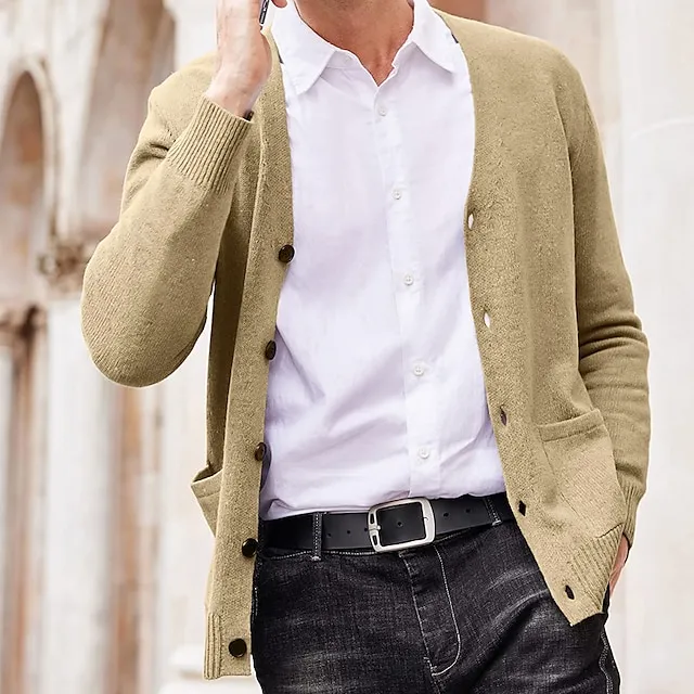 Men’s Sweater Cardigan Sweater Ribbed Knit Knitted Plain V Neck Fashion Casual Sports Daily Wear Clothing Apparel Spring & Fall Wine Red Black M L XL 441ad796242765aeb38387d26bb008ea