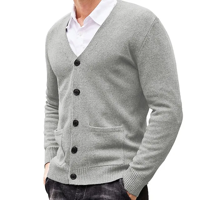 Men’s Sweater Cardigan Sweater Ribbed Knit Knitted Plain V Neck Fashion Casual Sports Daily Wear Clothing Apparel Spring & Fall Wine Red Black M L XL 55715f5fb99f2a9821842c01b80c0d40