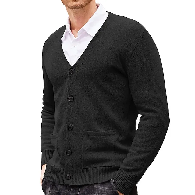 Men’s Sweater Cardigan Sweater Ribbed Knit Knitted Plain V Neck Fashion Casual Sports Daily Wear Clothing Apparel Spring & Fall Wine Red Black M L XL 5be38352bd7ea01b3aa7e69d6d83df3a