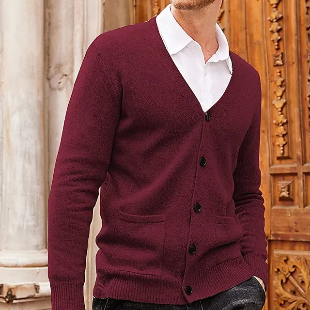 Men’s Sweater Cardigan Sweater Ribbed Knit Knitted Plain V Neck Fashion Casual Sports Daily Wear Clothing Apparel Spring & Fall Wine Red Black M L XL 63e25eab4bad15876f21b6d9d4726d1c