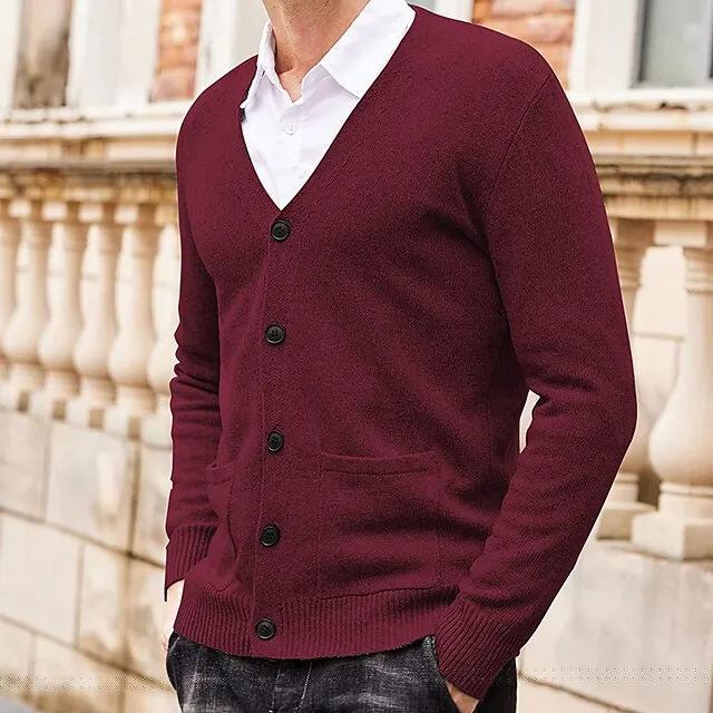 Men’s Sweater Cardigan Sweater Ribbed Knit Knitted Plain V Neck Fashion Casual Sports Daily Wear Clothing Apparel Spring & Fall Wine Red Black M L XL 975e204a598ef10af216719d97213ef5