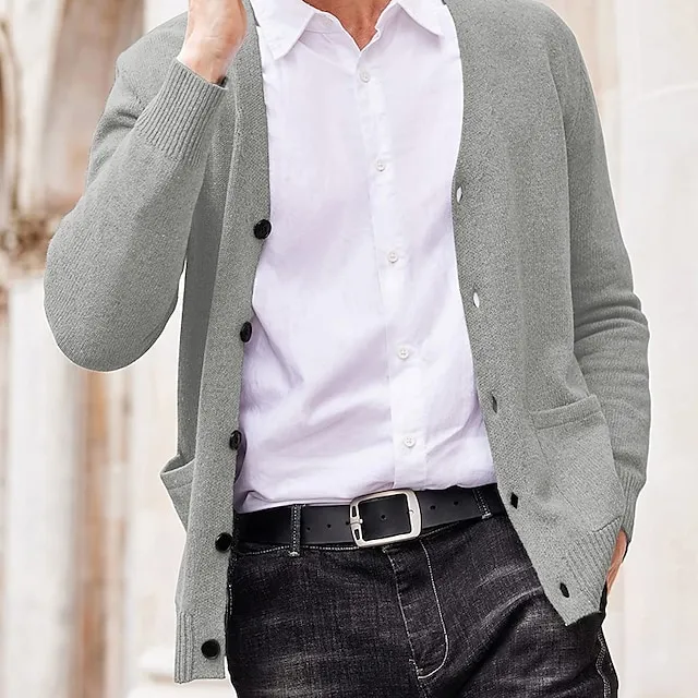 Men’s Sweater Cardigan Sweater Ribbed Knit Knitted Plain V Neck Fashion Casual Sports Daily Wear Clothing Apparel Spring & Fall Wine Red Black M L XL 9fed206fc4ad9e51b04c3a63ada5a9f5