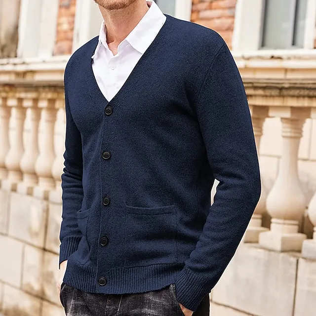 Men’s Sweater Cardigan Sweater Ribbed Knit Knitted Plain V Neck Fashion Casual Sports Daily Wear Clothing Apparel Spring & Fall Wine Red Black M L XL dafffe438cc934d25b971329c17fdaf6