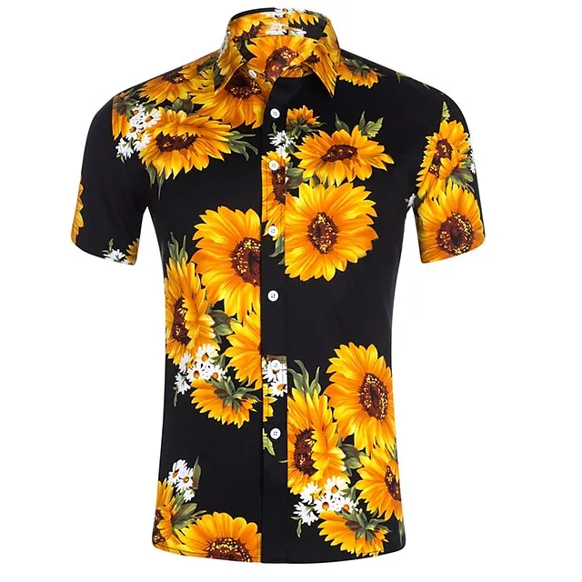 Men's Summer Hawaiian Shirt Button Up Shirt Summer Shirt Casual Shirt Beach Shirt Black White Dark Blue Short Sleeve Sunflower Flower Lapel Holiday Daily Wear Pocket Clothing Apparel Hawaiian Stylish