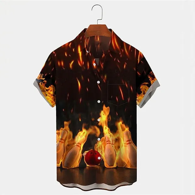 Men's Shirt Summer Hawaiian Shirt Graphic Prints Flame Bowling Ball Turndown Black Yellow Black / Red Red Dusty Blue Outdoor Street Short Sleeves Button-Down Print Clothing Apparel Tropical Fashion