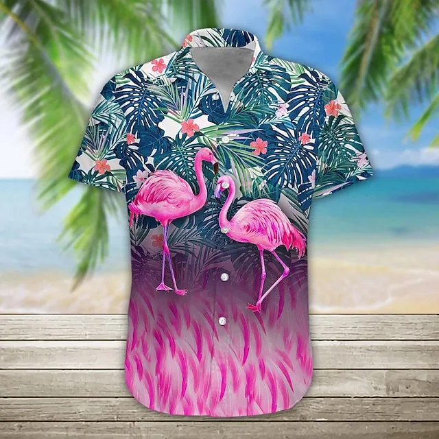Men's Shirt Summer Hawaiian Shirt Floral Flamingo Graphic Prints Turndown Pink Navy Blue Blue Green Outdoor Casual Short Sleeves Print Button-Down Clothing Apparel Designer Casual Soft Breathable