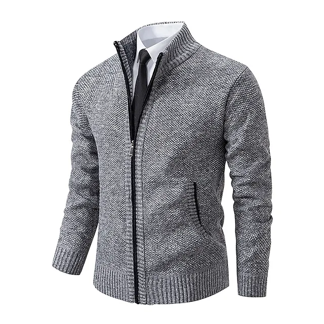 Men’s Cardigan Sweater Zip Sweater Ribbed Knit Cropped Knitted Plain Standing Collar Warm Ups Modern Contemporary Daily Wear Going out Clothing Apparel Spring & Fall Black Blue S M L 28c37eef2234a9a0cd94c3b9b937846a