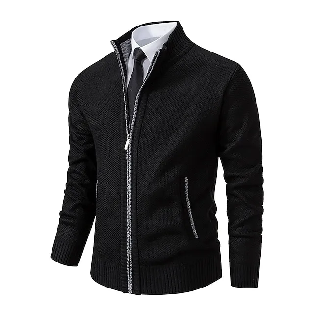 Men’s Cardigan Sweater Zip Sweater Ribbed Knit Cropped Knitted Plain Standing Collar Warm Ups Modern Contemporary Daily Wear Going out Clothing Apparel Spring & Fall Black Blue S M L 6522c90d8d9496d30455b3168368b6d3