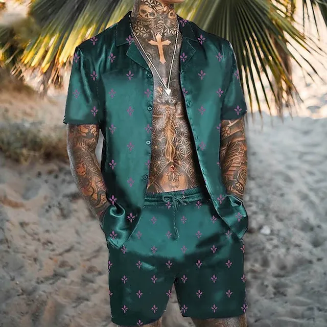 Men’s Summer Hawaiian Shirt Shirt Set Floral Graphic Prints Turndown Light Green Red Blue Dark Green Street Casual Short Sleeve Print Clothing Apparel Tropical Fashion Hawaiian Designer 11ad94cf1918ab46dd9fc1ab03966e7c