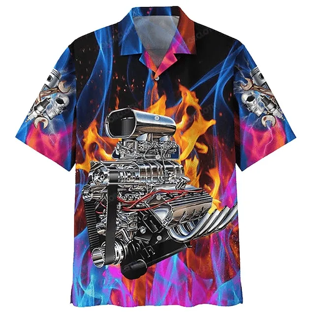 Men's Shirt Summer Hawaiian Shirt Graphic Prints Flame Machine Turndown Black Yellow Blue Purple Casual Hawaiian Short Sleeve Print Button-Down Clothing Apparel Tropical Fashion Hawaiian Soft