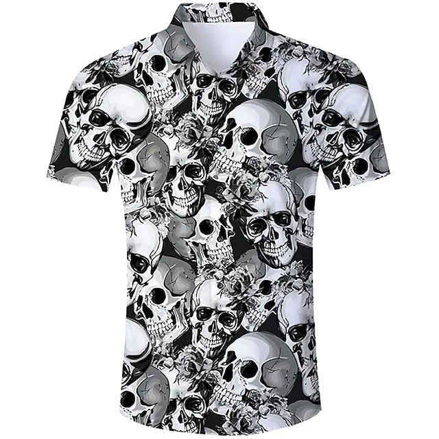 Men's Shirt Skull Graphic Prints Turndown Black Red Purple Black+White Street Casual Short Sleeves Print Button-Down Clothing Apparel Fashion Cool Punk & Gothic