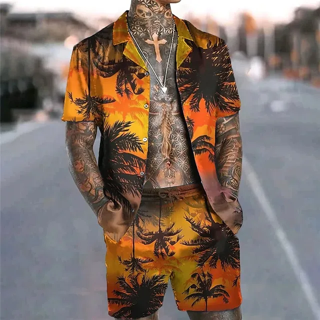 Men's Shirt Set Summer Hawaiian Shirt Coconut Tree Graphic Prints Cuban Collar Green / Black Black Yellow Black / Brown Red Street Casual Short Sleeve Print Clothing Apparel Tropical Fashion Hawaiian