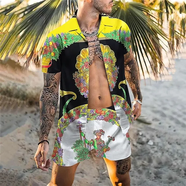 Men’s Shirt Set Summer Hawaiian Shirt Floral Tribal Graphic Prints Cuban Collar White Yellow Fuchsia Orange Coffee Street Casual Short Sleeve Print Clothing Apparel Tropical Fashion Hawaiian Designer 2cc5007a0cbf3e77d31a32644de031ba